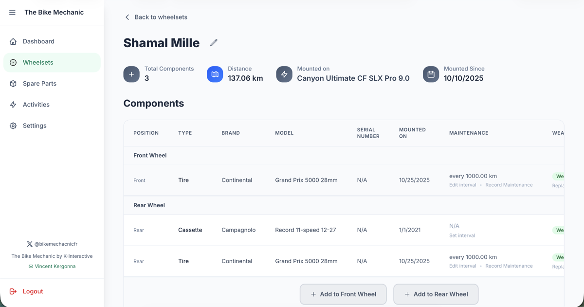 Vue détaillée des roues montrant les indicateurs d'usure des pneus et les intervalles de service